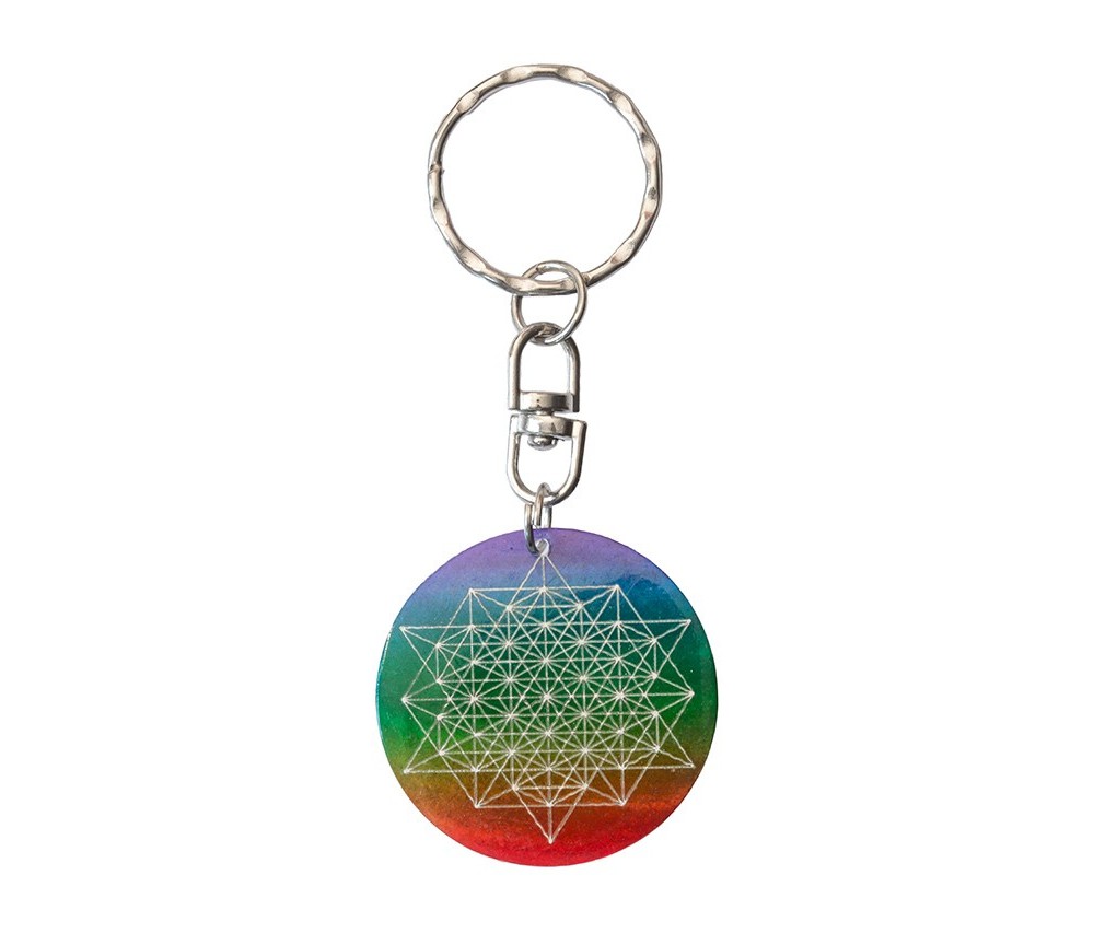 SchlüsselAnhänger -  Blume des Lebens- Nylon braun 18cmStern Tetraeder- Muschel rainbow 3,5cm
