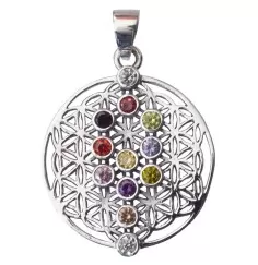Anhänger -  Blume des Lebens mit Lebensbaum- 12 Zirkonen Messing-versilbert