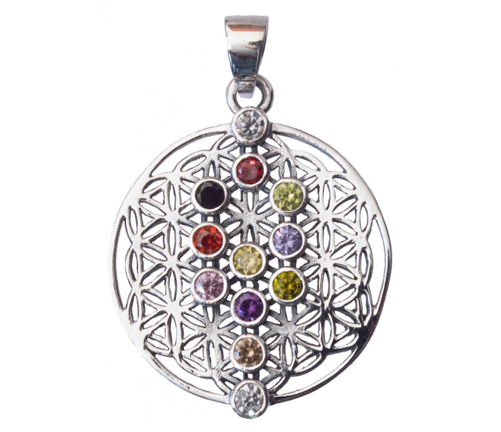 Anhänger -  Blume des Lebens mit Lebensbaum- 12 Zirkonen Messing-versilbert