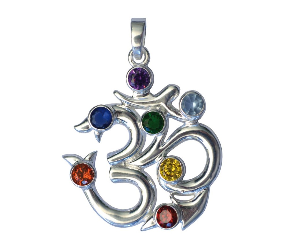 Anhänger -  Om- 7 Chakrensteine Zirkon Messing versilbert