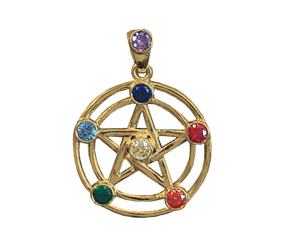 Anhänger - Pentagramm- 7 Chakrensteine Messing