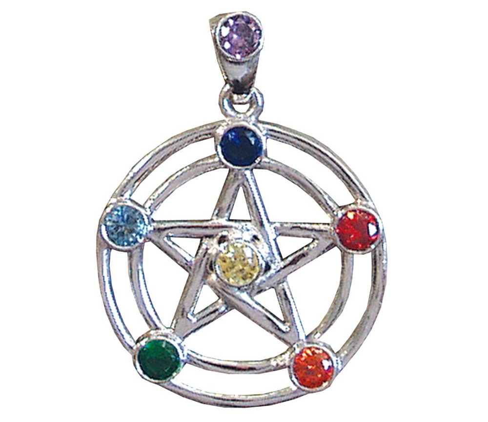Anhänger -  Pentagramm- 7 Chakrensteine Messing versilbert