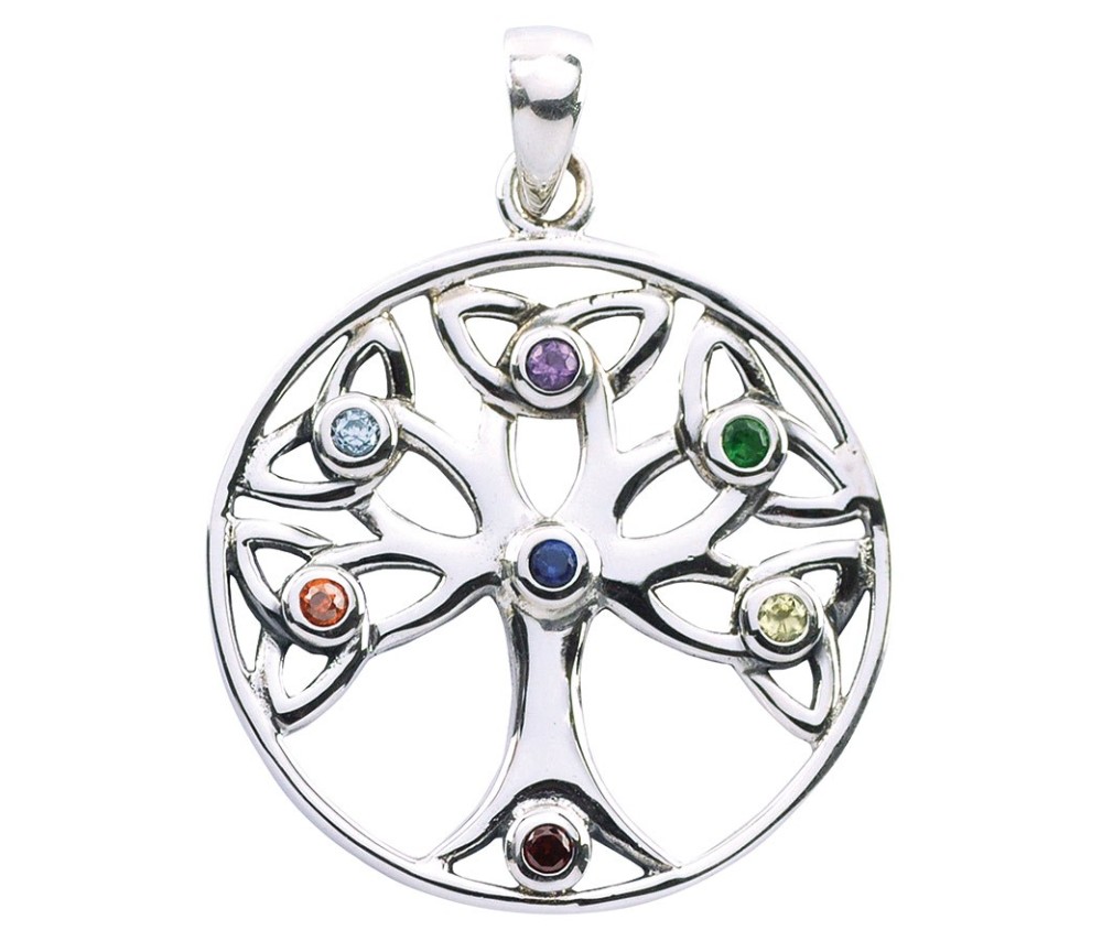 Anhänger -  Baum des Lebens- mit 7 Zirkonia Messing versilbert 3,7g 2,5cm