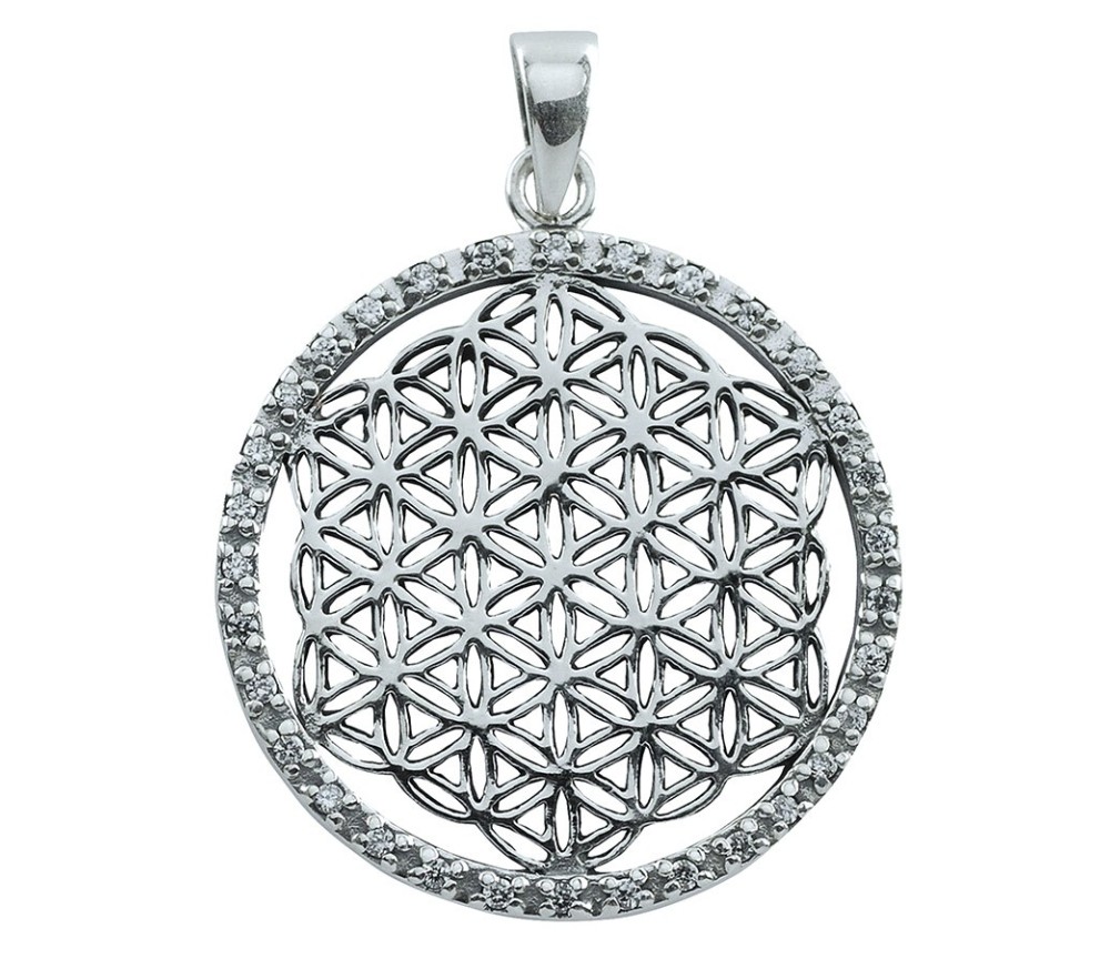 Anhänger - Blume des Lebens- mit 32 Zirkonia Messing versilbert 3,4g 3cm