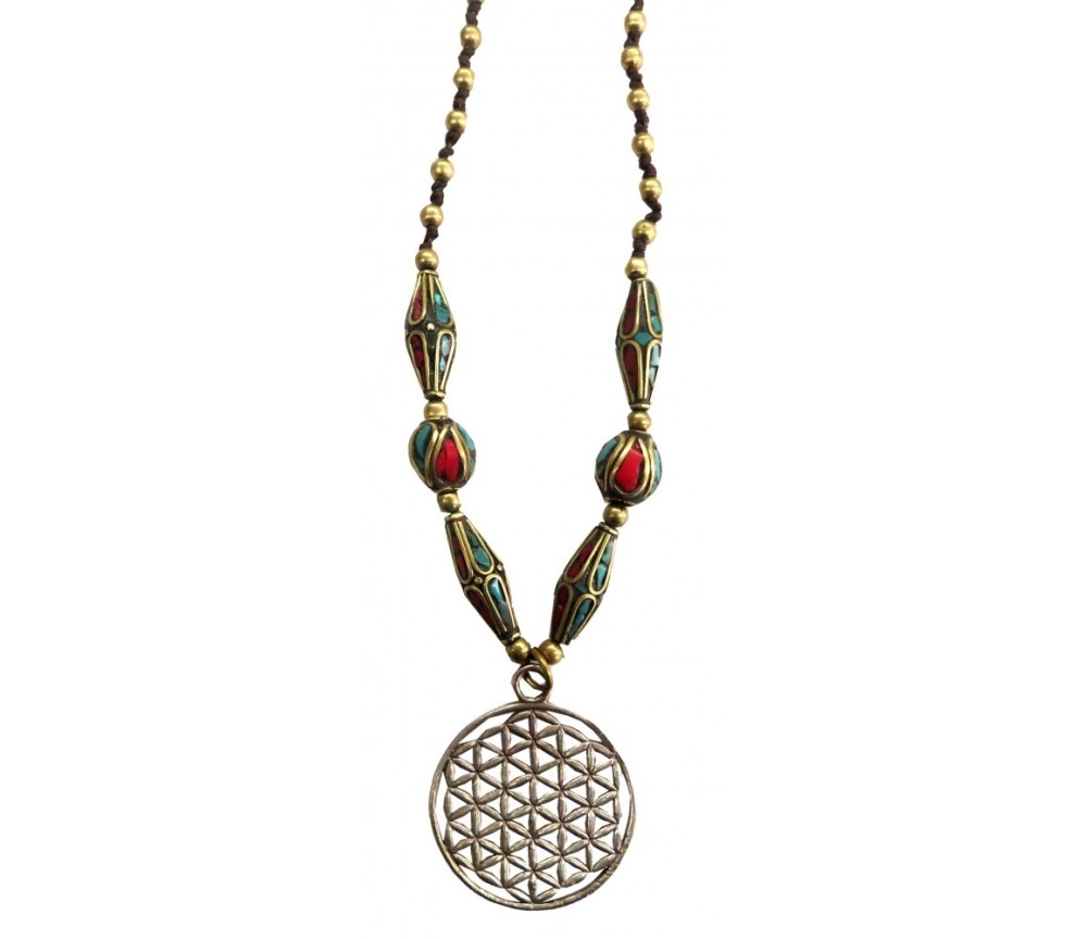 Halskette - Blume des Lebens - Kupfer mit Messing- und Nepalperlen 55cm