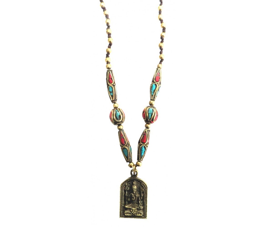 Halskette - Shiva Amulett- mit Messing- und Nepalperlen 55cm