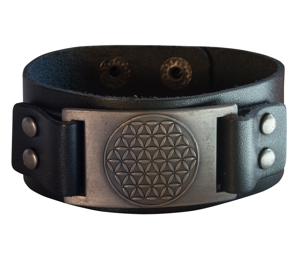 Armband - Blume des Lebens- Leder, schwarz, Metalllegierung, silberfarben 23x3cm verstellbar