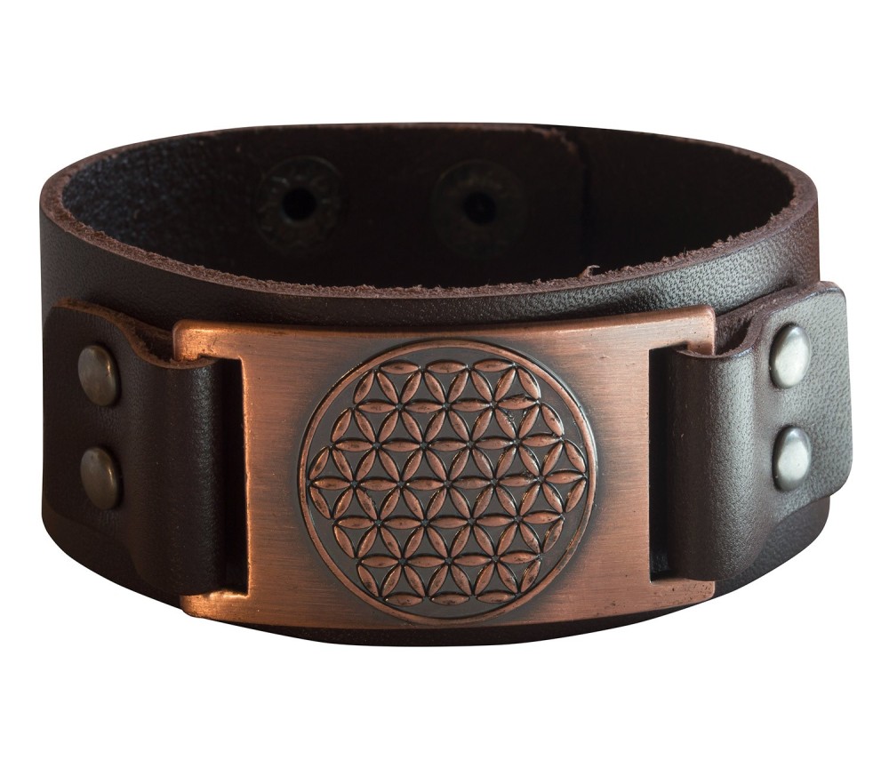 Armband - Blume des Lebens- Leder, braun, Metalllegierung, bronzefarben 23x3cm verstellbar