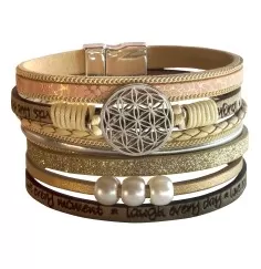 Armband - Blume des Lebens- Kunstleder beige, Metall silberfarben mit Magnetverschluß, 19x4cm