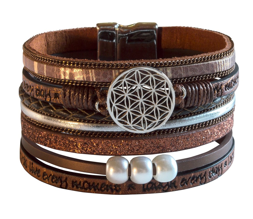 Armband - Blume des Lebens- Kunstleder braun, Metall silberfarben mit Magnetverschluß, 19x4cm