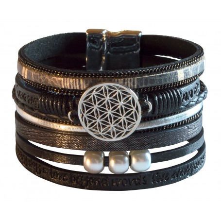 Armband "Blume des Lebens" Kunstleder schwarz