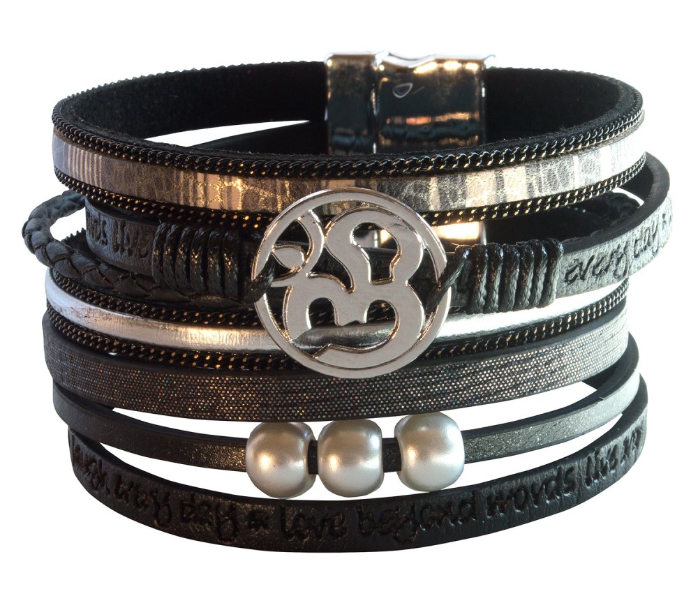 Armband - Om- Kunstleder schwarz, Metall silberfarben mit Magnetverschluß, 19x4cm