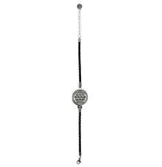 Armband - Blume des Lebens- Leder schwarz, Edelstahl mit Zirkonia, 19-24cm verstellbar