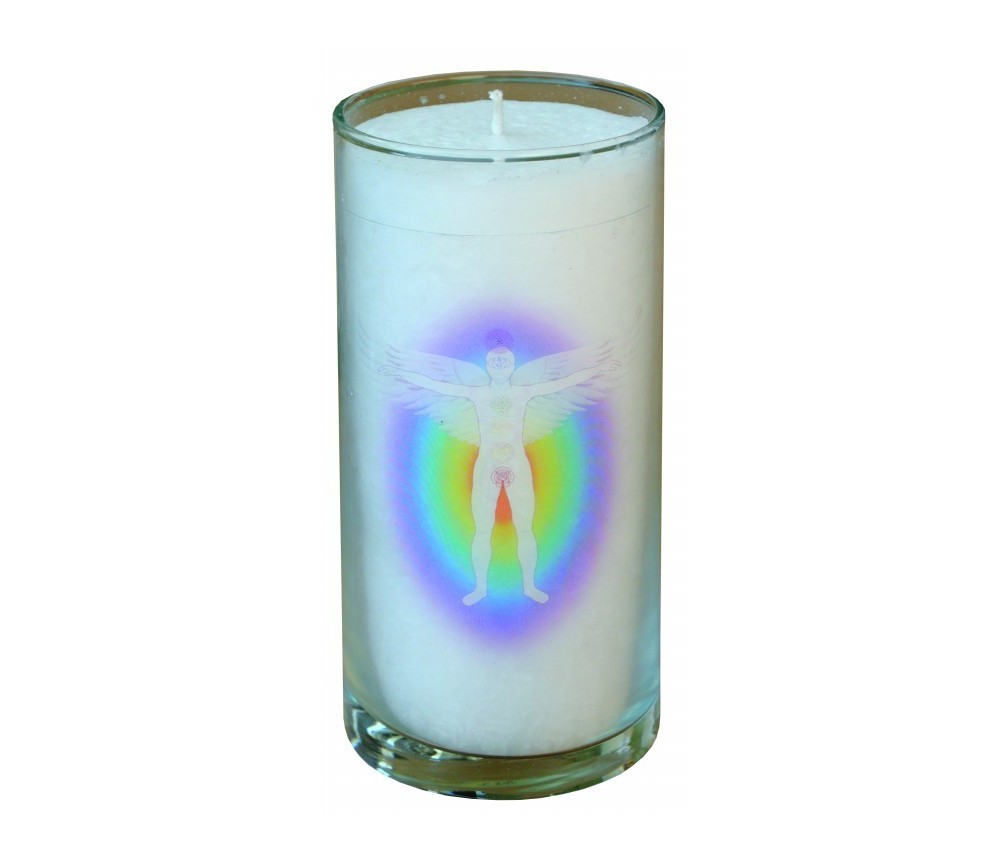 Kerze "Chakra Aktivierung" im Glas Stearin weiss 14cm