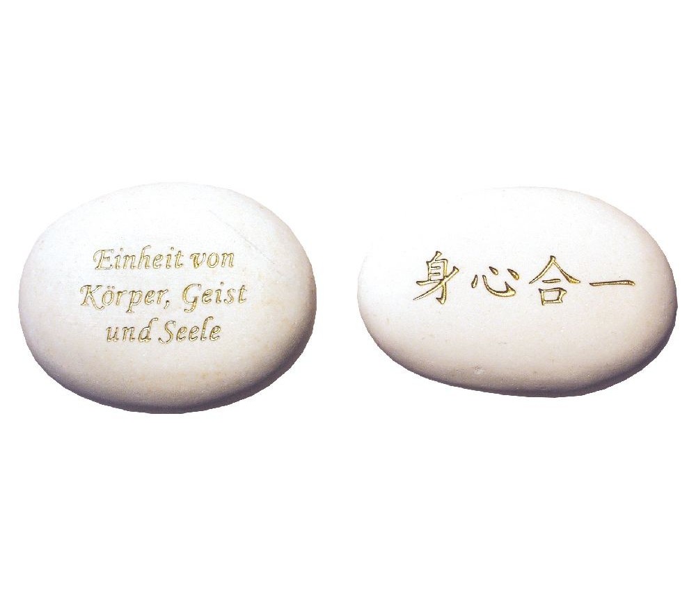 Flußstein "Einheit von Körper, Geist und Seele" weiß/go