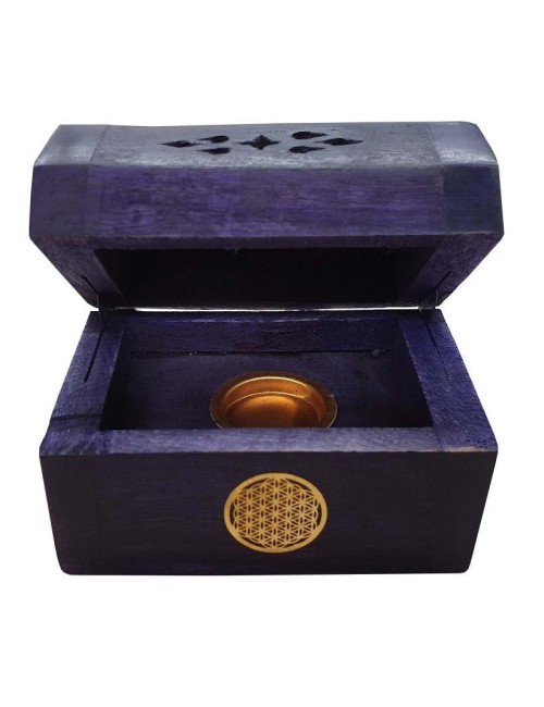 Räucherkegelhalter India Truhe "Blume des Lebens" Holz violett 9x6cm