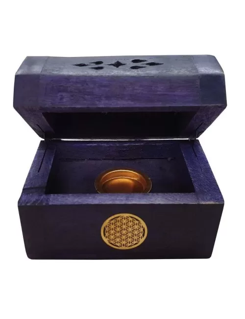Räucherkegelhalter India Truhe "Blume des Lebens" Holz violett 9x6cm