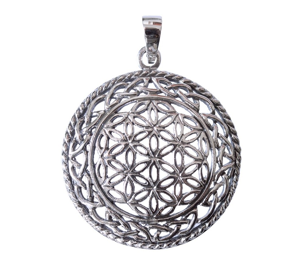 Anhänger -  Blume des Lebens- mit Endlosknoten Bronze versilbert 8,2g 3,5cm