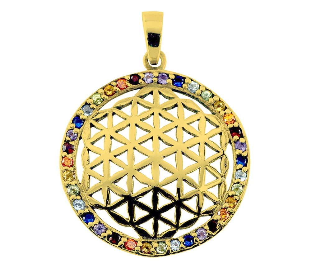 Anhänger -  Blume des Lebens- mit 32 Zirkonia Messing 3,4g 2,5cm