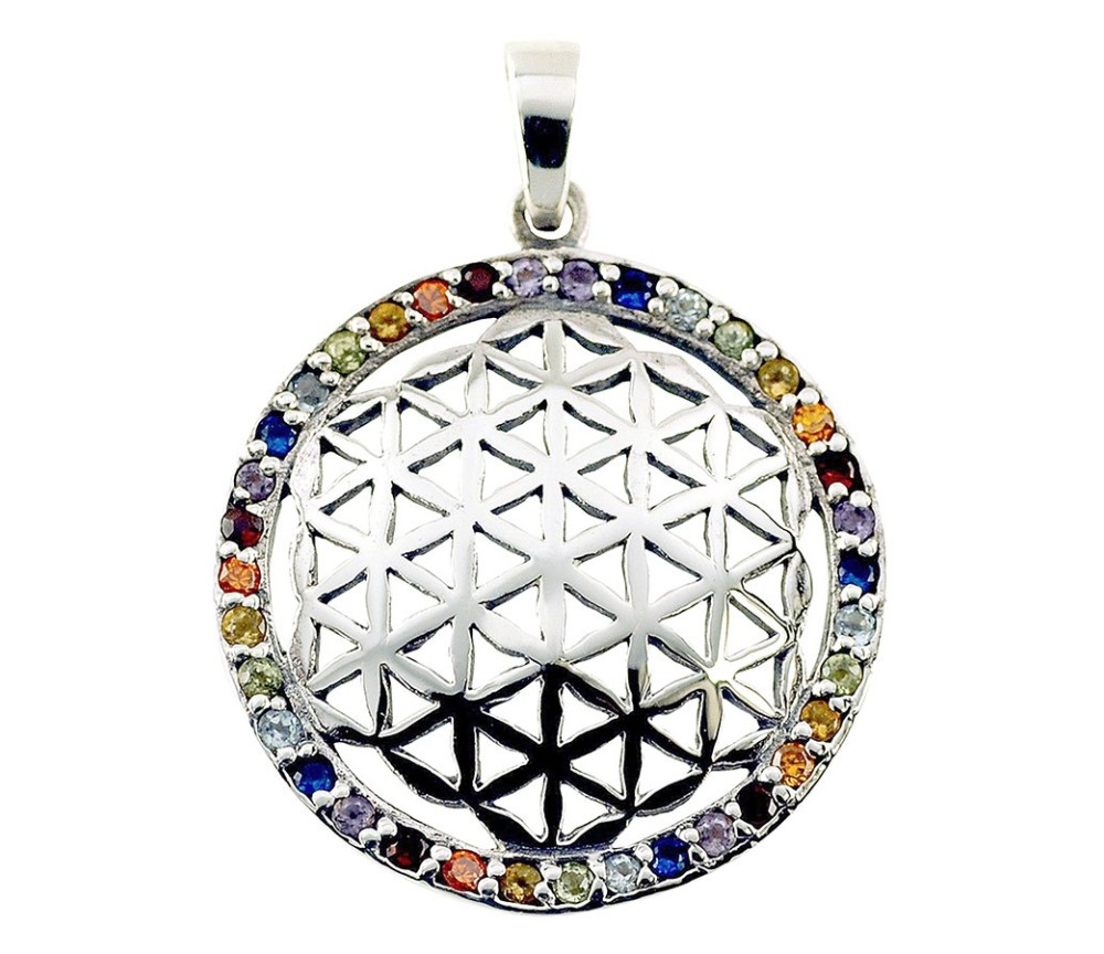 Anhänger - Blume des Lebens- mit 32 Zirkonia Messing versilbert 3,4g 2,5cm