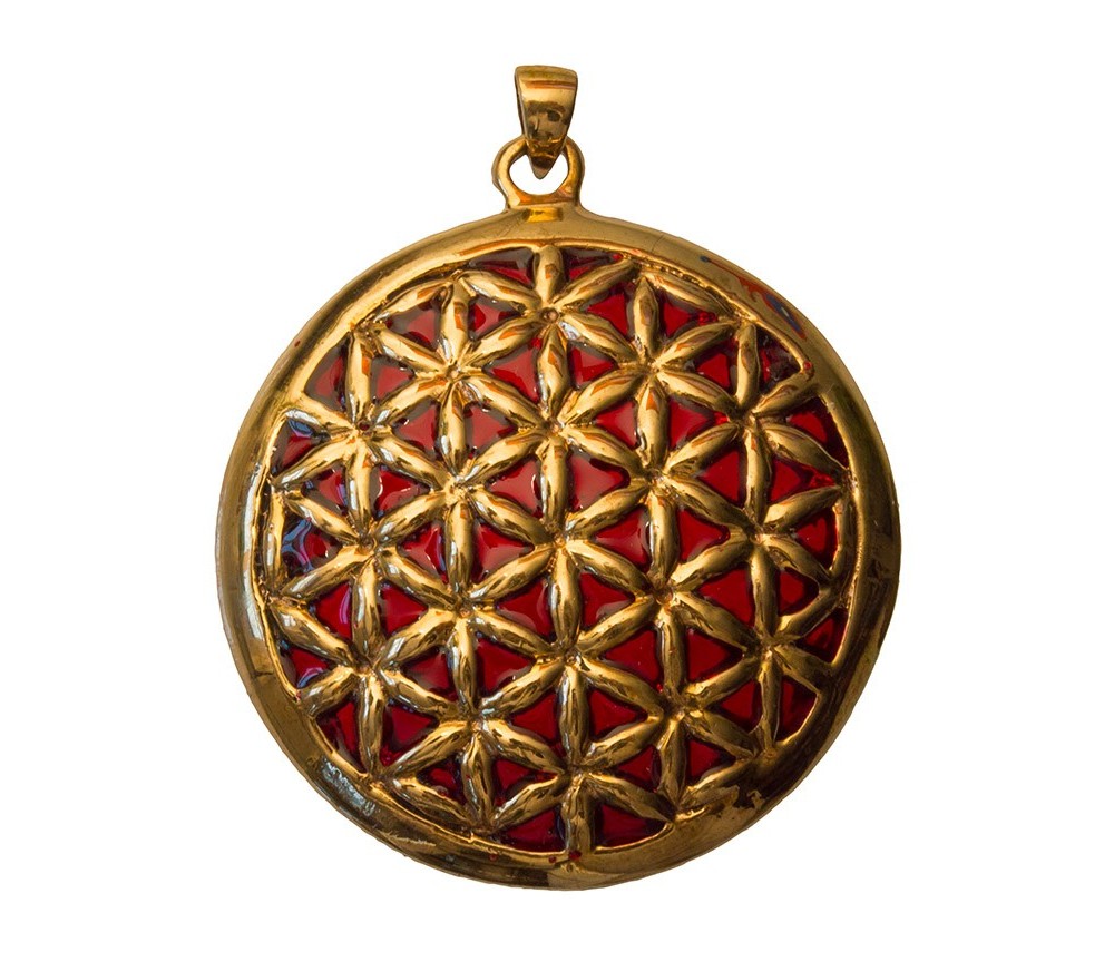 Anhänger - Blume des Lebens- Bronze, innen rot emailliert, 4,5cm