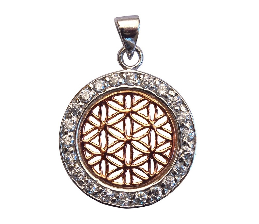 Anhänger - Blume des Lebens- mit 22 Zirkonia 925 Silber vergoldet 2cm, 2,6g.