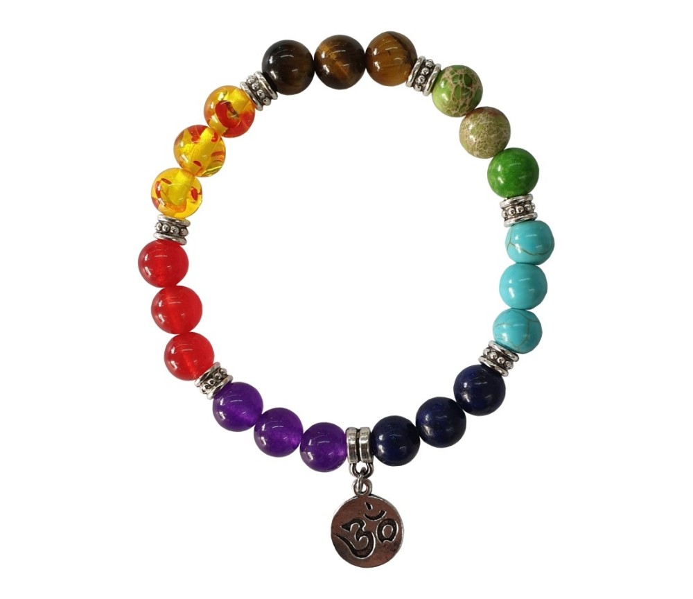 Armband "Om" Chakra Edelsteine mit Metall Anhänger, 6cm flexibel