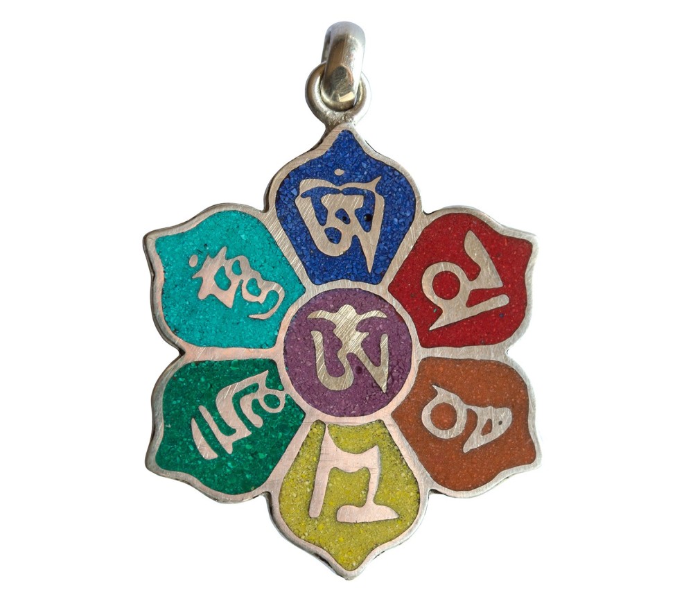 Anhänger "Om Mani Padme Hum Lotus" Weissmetall chakrafarben 3,5cm