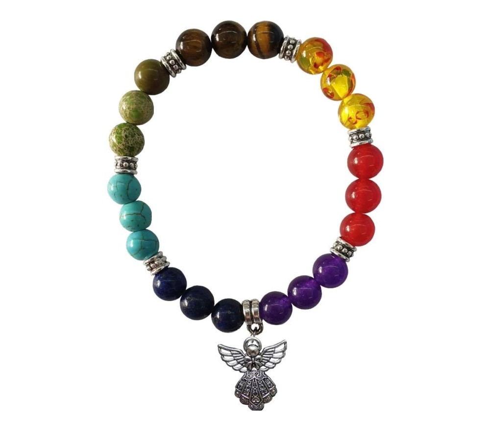 Armband "Schutzengel" Chakra Edelsteine mit Metall Anhänger, 6cm flexibel