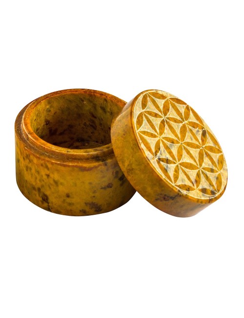 Box "Blume des Lebens" Speckstein ocker rund 5cm