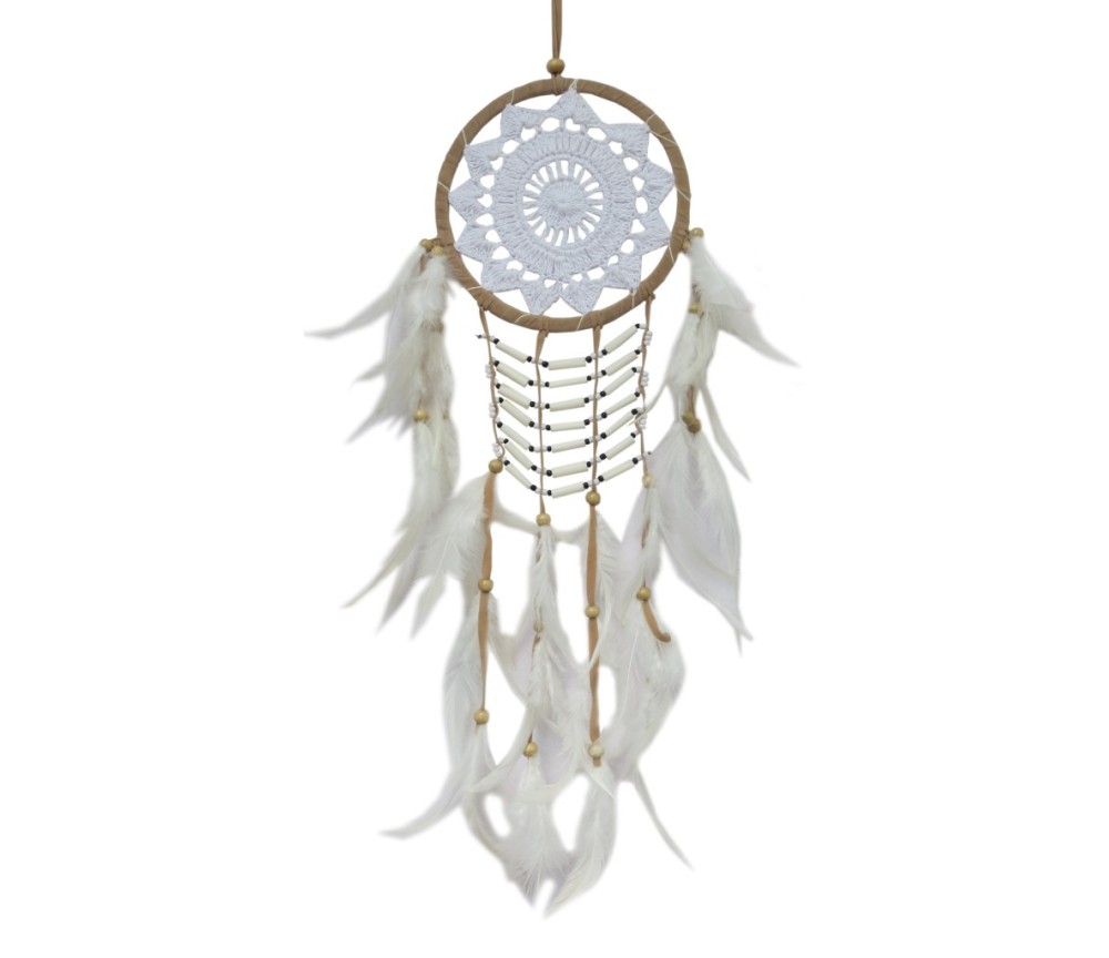 Traumfänger "White Shield" Leder mit gehäkeltem Netz, 18x60cm