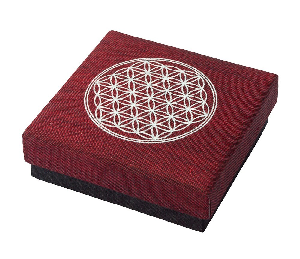 Geschenkbox "Blume des Lebens" Baumwolle maroon 9x9cm