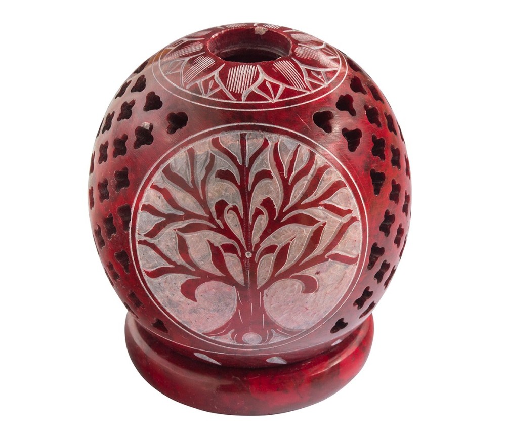 Teelicht Kugel "Baum des Lebens" Speckstein rot 8cm