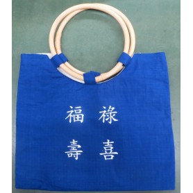 Tasche mit Bambusgriff "Fu Lu Shou Xi" Baumwolle blau 32x40cm