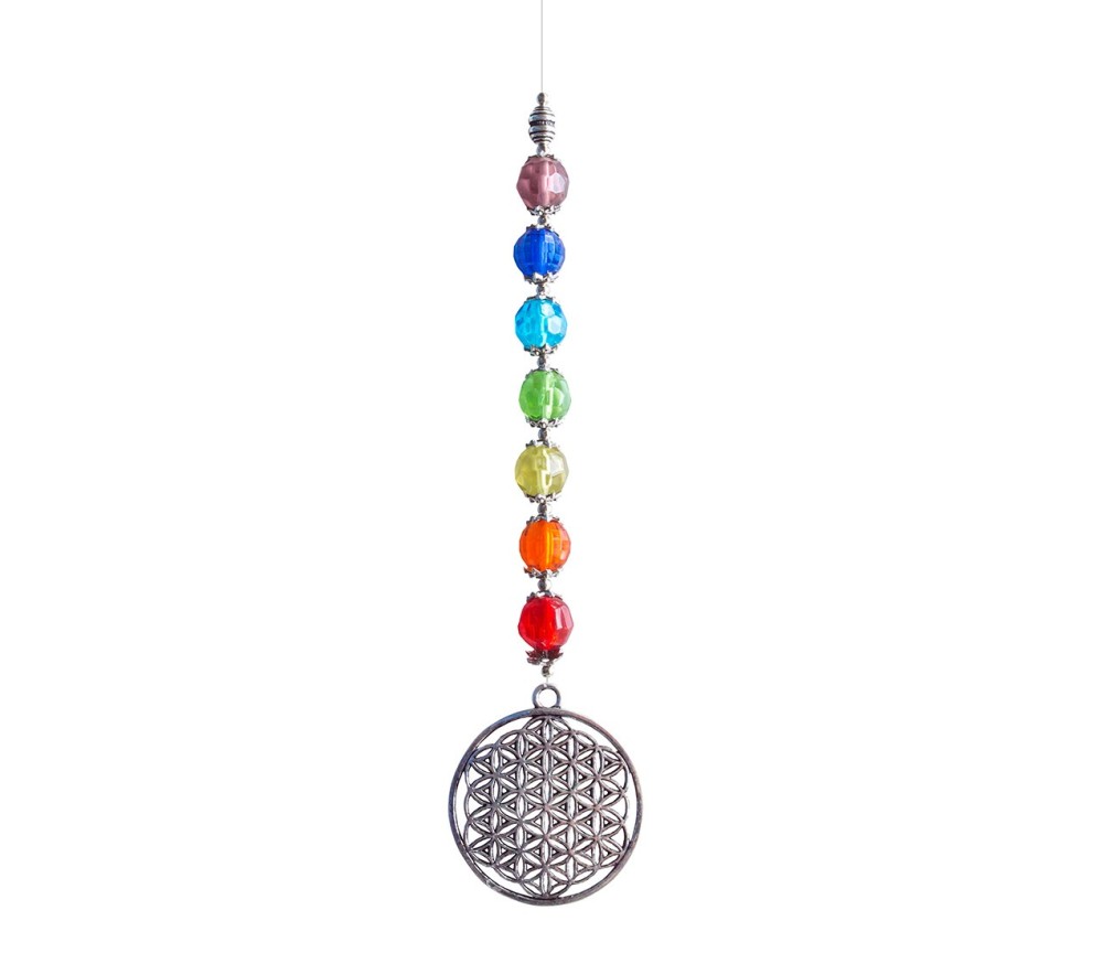 Suncatcher "Blume des Lebens" Metal 4cm mit 7 bunten Glasperlen 60cm