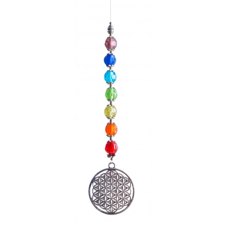 Suncatcher "Blume des Lebens" Metal 4cm mit 7 bunten Glasperlen 60cm