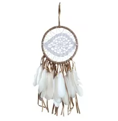 Traumfänger "White Eye" Leder braun mit gehäkeltem Netz, 16x50cm
