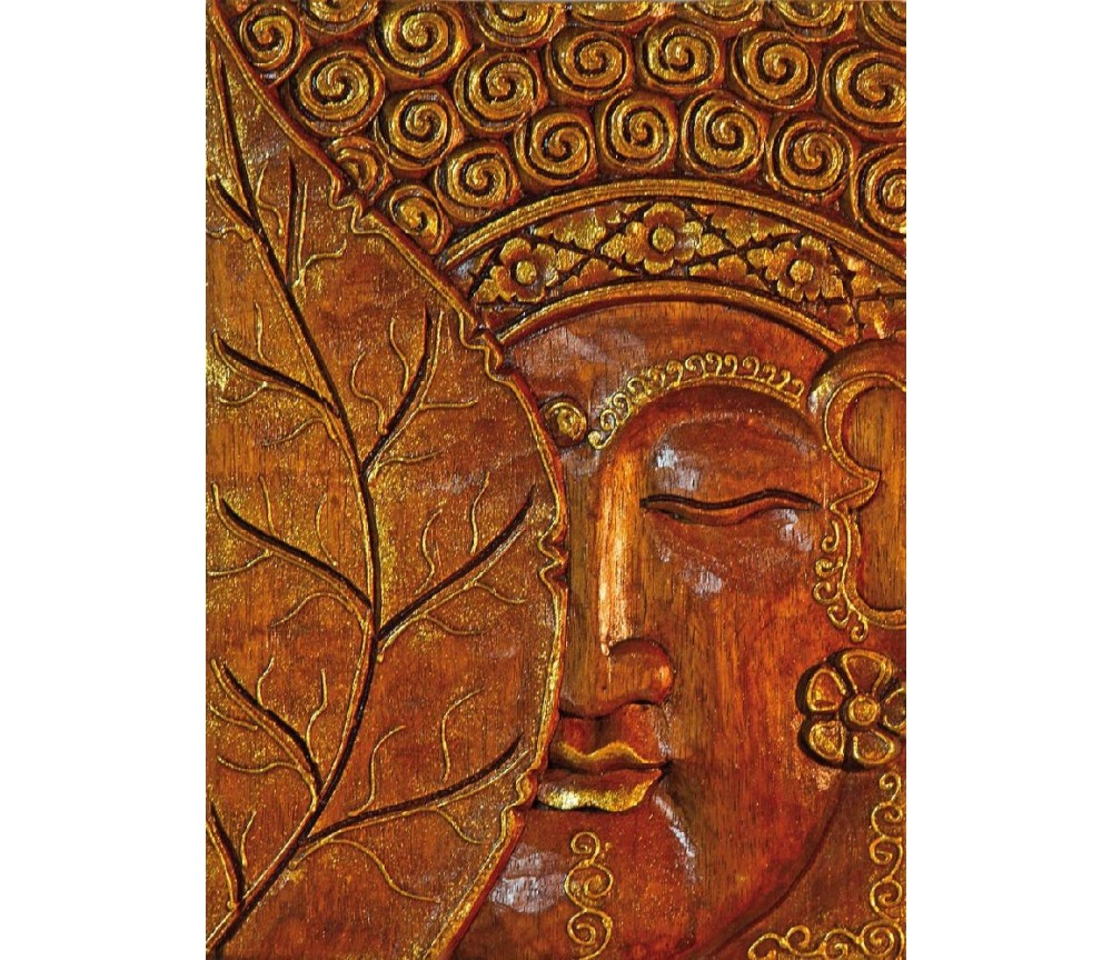Wandrelief "Buddha mit Bodhiblatt" Holz braun/gold 30cm