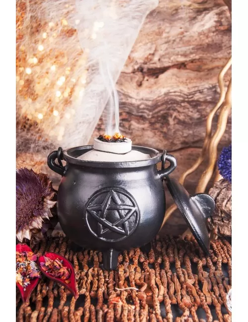 Räuchergefäß - Hexenkessel - Pentagramm groß - Gusseisen mit Henkel & Deckel ca.14,5x12,5cm