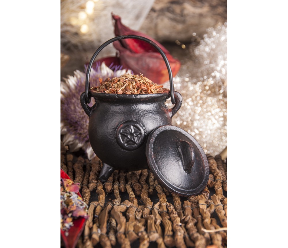 Räuchergefäß - Hexenkessel - Pentagramm - Gusseisen mit Henkel & Deckel ca.8,5x7,5cm