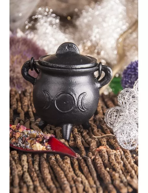 Räuchergefäß - Hexenkessel - Sonne & Mond - Gusseisen mit Henkel & Deckel ca.8,5x7,5cm