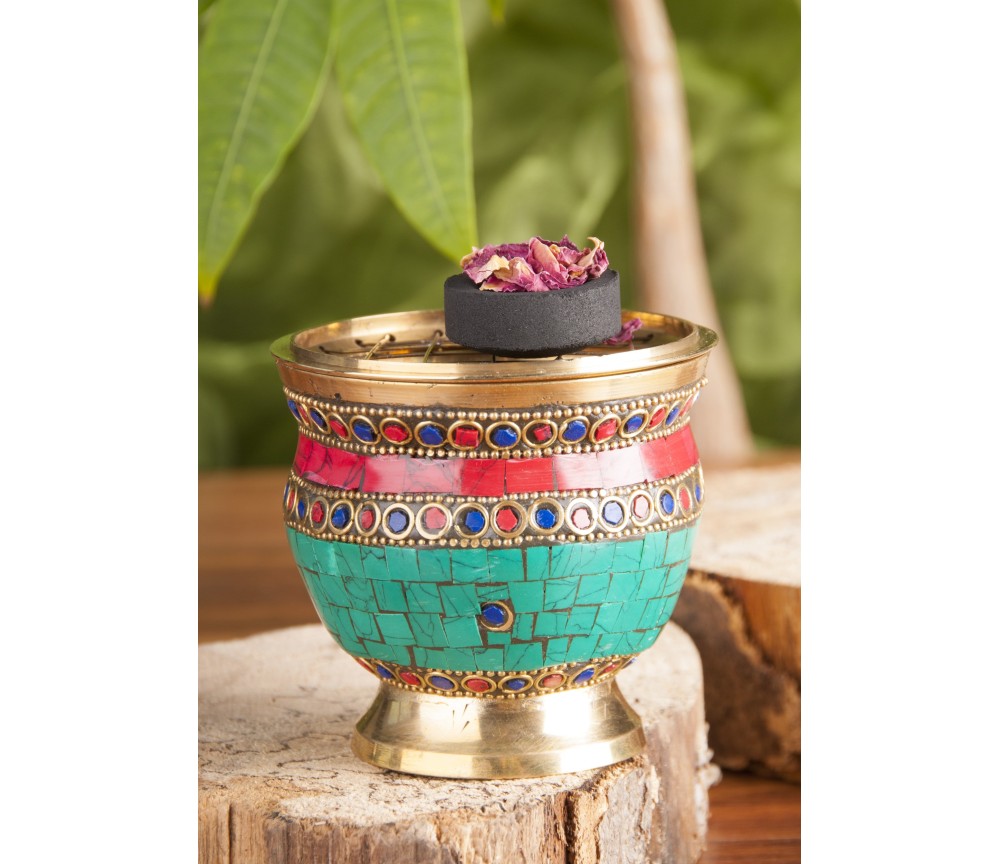 Räuchergefäß mit Netzeinsatz 7,5 x 8 cm mit Messing und Steinen