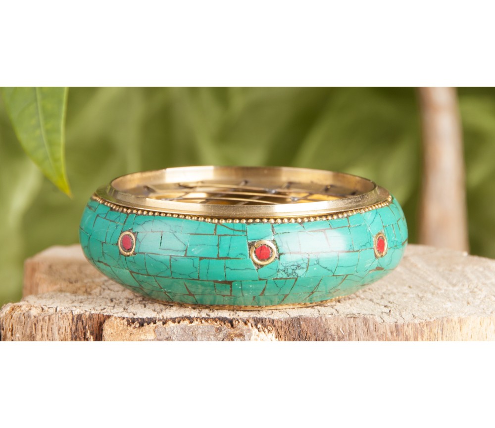 Räucherschale -  mit Netzeinsatz ca. 8 cm aus Messing und Steinen