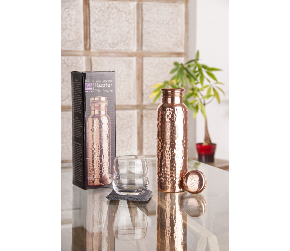 Trinkflasche aus Kupfer, 900 ml mit Blume des Lebens Symbol