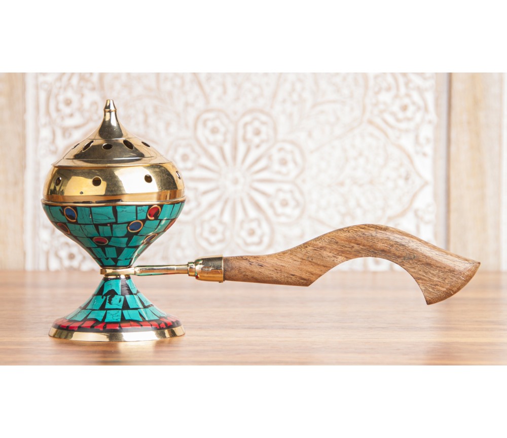 Räuchergefäß - Selena - Messing mit Holzgriff - mit farbigen Ziersteinen