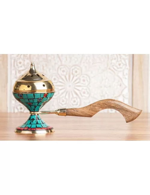 Räuchergefäß - Selena - Messing mit Holzgriff - mit farbigen Ziersteinen