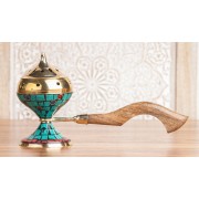 Räuchergefäß - Selena - Messing mit Holzgriff - mit farbigen Ziersteinen