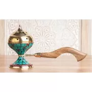 Räuchergefäß - Selena - Messing mit Holzgriff - mit farbigen Ziersteinen