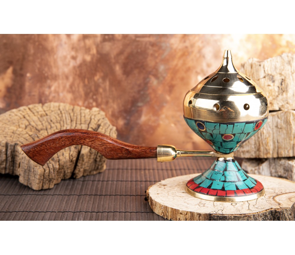 Räuchergefäß - Selena - Messing mit Holzgriff - mit farbigen Ziersteinen