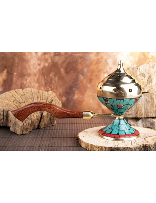 Räuchergefäß - Selena - Messing mit Holzgriff - mit farbigen Ziersteinen